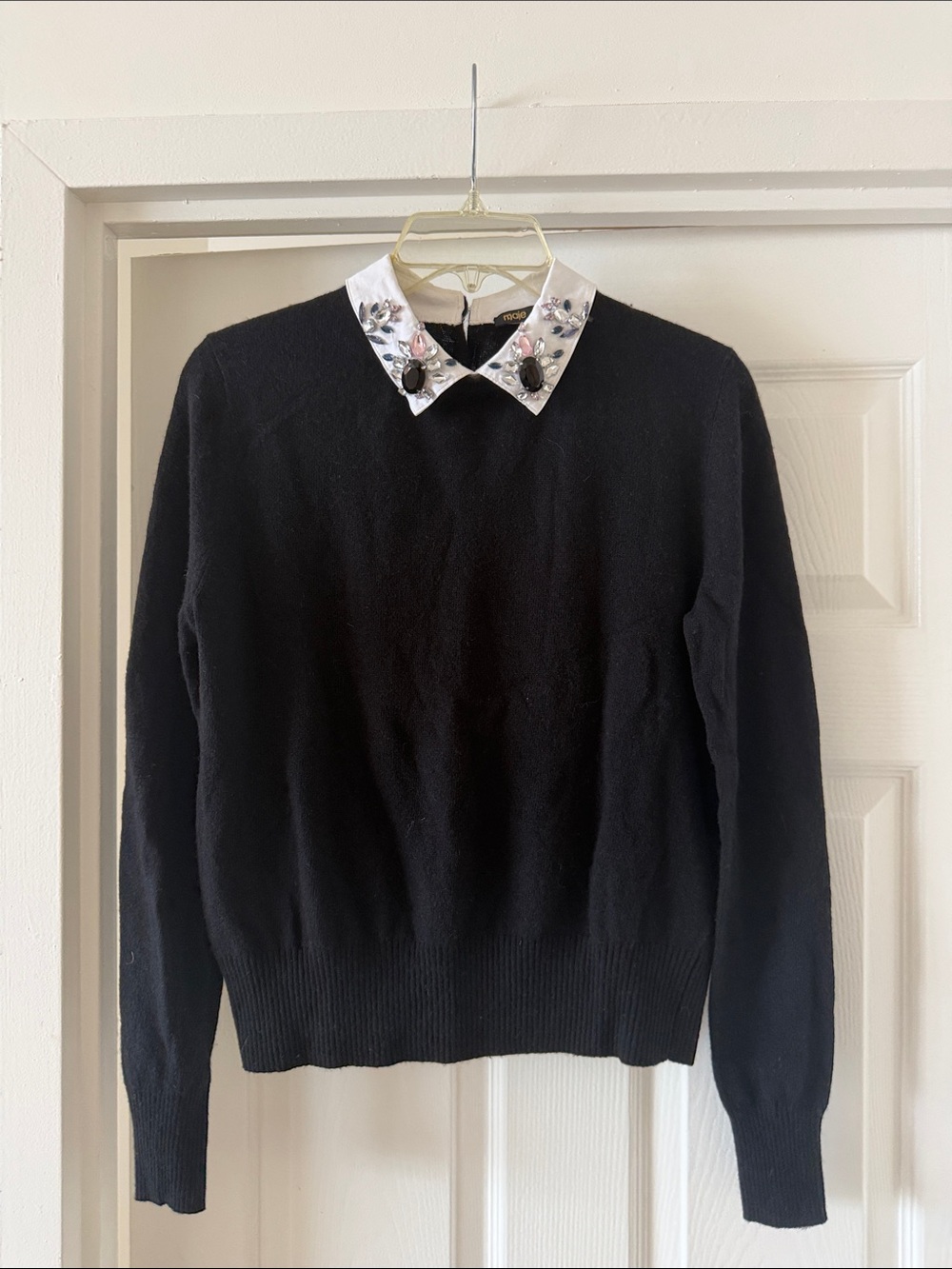 Maje Black Sweater with White Embellished Collar